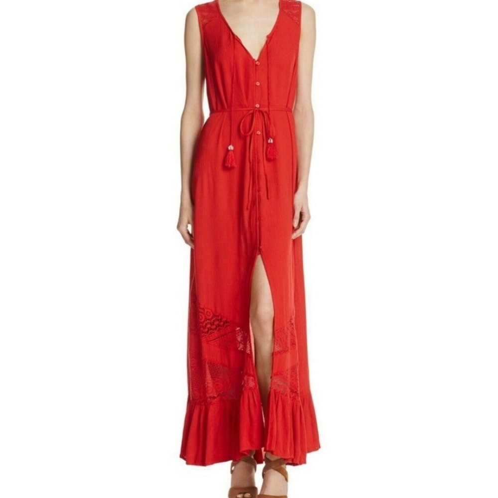 Boho Red Maxi Dress Button Down Lace Beads Crochet Tassel Sz M